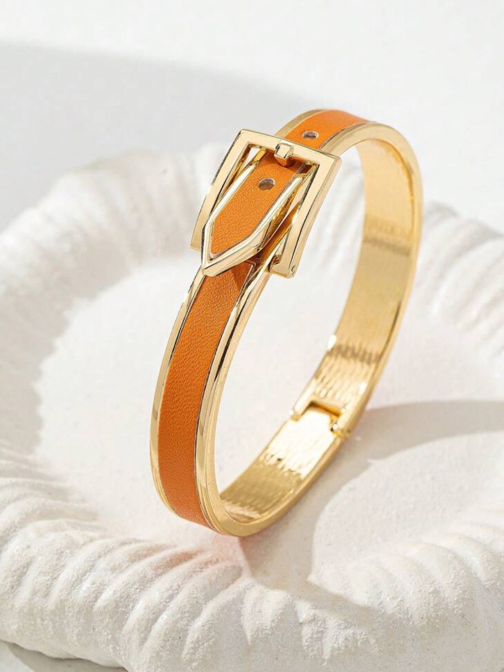 Gold Orange Faux Leather Belt Buckle Hinged Bangle Bracelet Cuff